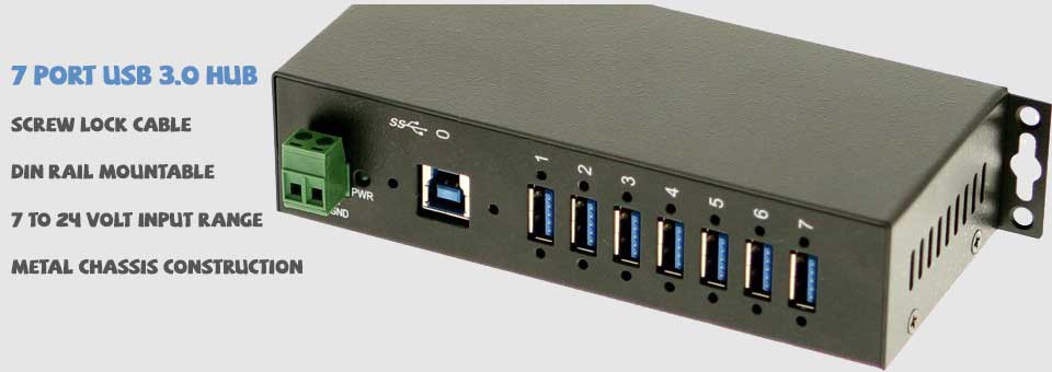USB3.0 7-Port Industrial Hub Metal Case with Din-Rail Mount