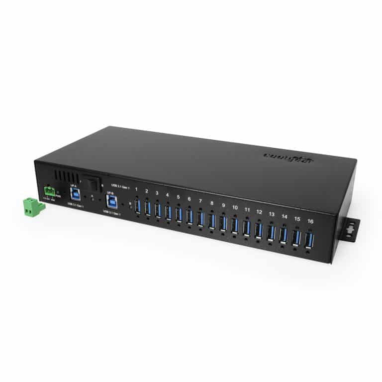 16 Port USB 3.2 Gen 1 Rack Mount Hub w/Surge Protection and DIN Rail