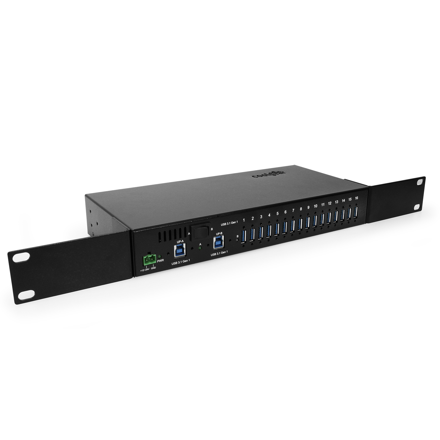 16 Port USB 3.2 Gen 1 Rack Mount Hub w/Surge Protection and DIN Rail