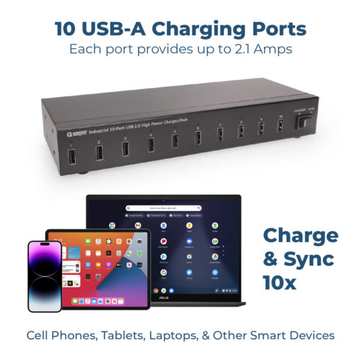 10 Port USB 2.0 Industrial High Power 2.1A Charger Hub w/ ESD Surge Protection & Port Status LEDs USB 2.0 Charger Hub