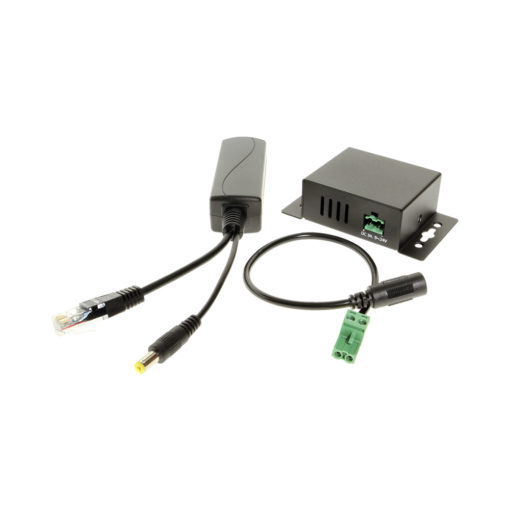 PoE splitter kit shown with splitter, power cable, and 2-wire power port
