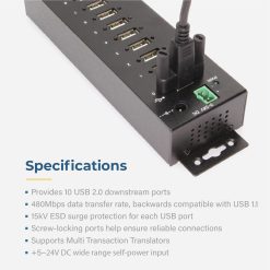10 Port USB 2.0 Hub w/ ESD Surge Protection Screw Locking Ports - Image 4
