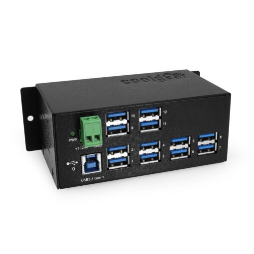 12 Port USB 3.2 Gen 1 Hub w/ ESD Surge Protection & DIN Rail Mounting Kit
