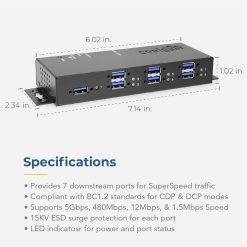 7 Port USB 3.2 Gen 1 Metal Hub w/ 15KV ESD Surge Protection & Port Status LEDs - Image 5