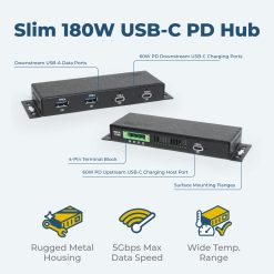 Alternative view of Coolgear Slim Series 180W USB-C PD Hub | 3× USB-C 60W + 2× USB-A | +12~24V DC Input | Compact Design