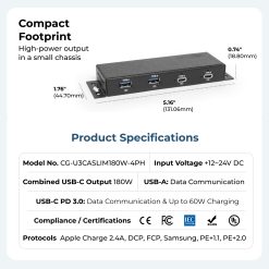 Coolgear Slim Series 180W USB-C PD Hub | 3× USB-C 60W + 2× USB-A | +12~24V DC Input | Compact Design - Image 6