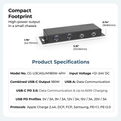 Coolgear Slim Series 180W USB-C PD Hub | 3× USB-C 60W + 2× USB-A | +12~24V DC Input | Compact Design - Image 6