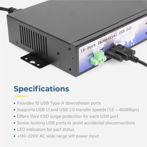 16 Port USB 2.0 Rack-Mountable Hub w/ Internal Power Supply, ESD Surge Protection, & Port Status LEDs - Image 5
