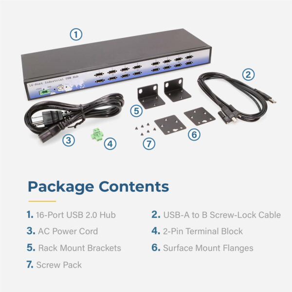 16 Port USB 2.0 Rack-Mountable Hub w/ Internal Power Supply, ESD Surge ...