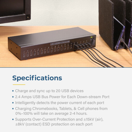 20 Port USB 2.0 Industrial High Power 2.4A Charging Hub w/ ESD Surge Protection & Port Status LEDs - Image 6