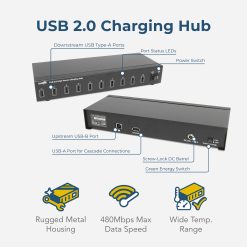 Alternative view of 10 Port USB 2.0 Industrial High Power 2.4A Charging Hub w/ ESD Surge Protection & Port Status LEDs