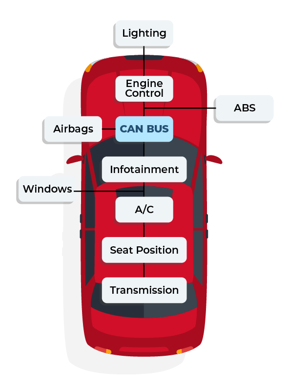 Diagram of a CAN Bus system within a car showing how all parts of the car, i.e. engine control, abs, airbags, infotainment, power windows, transmission, etc. are all connected.