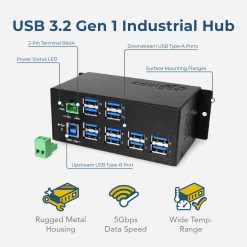Alternative view of 12 Port USB 3.2 Gen 1 Hub w/ ESD Surge Protection & DIN Rail Mounting Kit