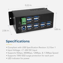 12 Port USB 3.2 Gen 1 Hub w/ ESD Surge Protection & DIN Rail Mounting Kit - Image 4