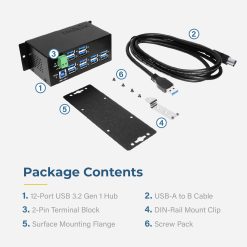 12 Port USB 3.2 Gen 1 Hub w/ ESD Surge Protection & DIN Rail Mounting Kit - Image 5