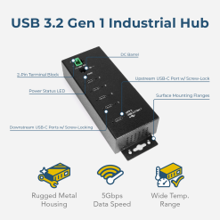 Alternative view of 4 Port USB 3.2 Gen 1 Type-C Hub w/ ESD Surge Protection & Screw Locking Ports