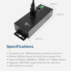 4 Port USB 3.2 Gen 1 Type-C Hub w/ ESD Surge Protection & Screw Locking Ports - Image 4