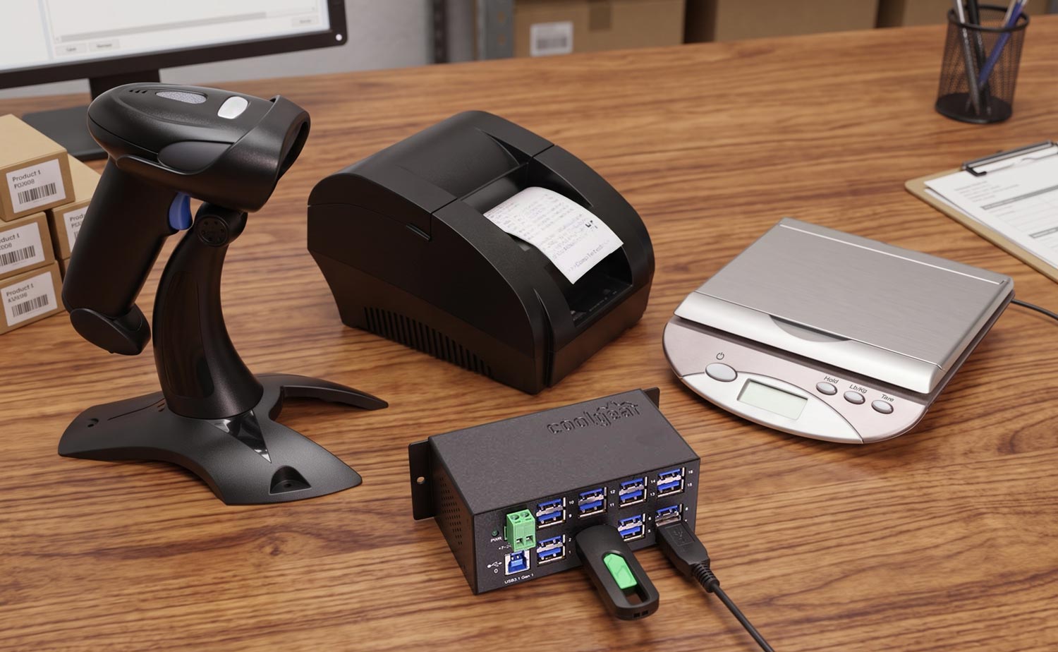 Industrial USB hub operating a barcode scanner, scale, and receipt printer simultaneously using Multi-TT architecture.