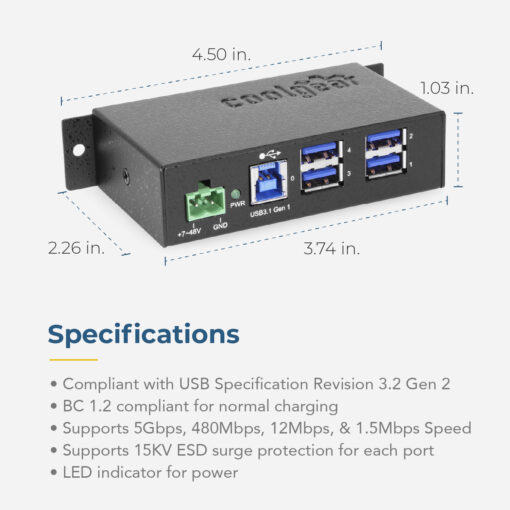 4 Port USB 3.2 Gen 1 Powered Hub w/ ESD Surge Protection - Image 5